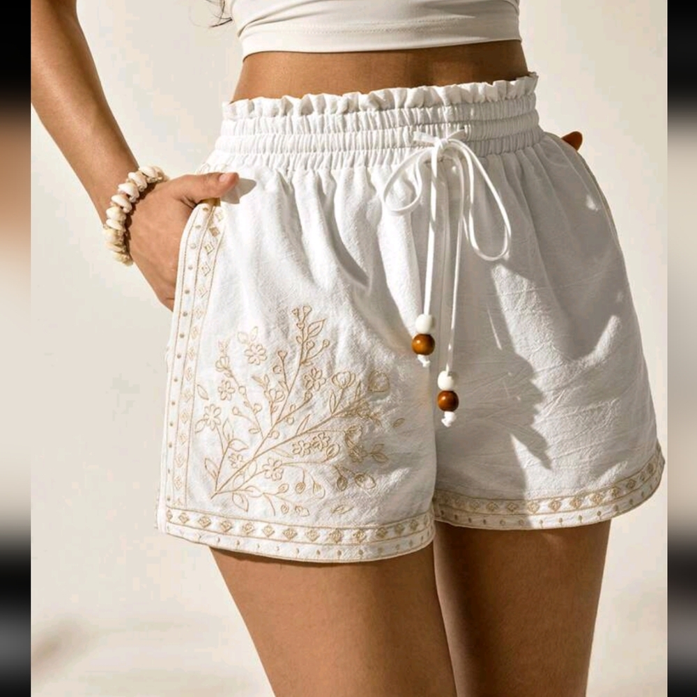 White Embroidered Comfy Boho Shorts